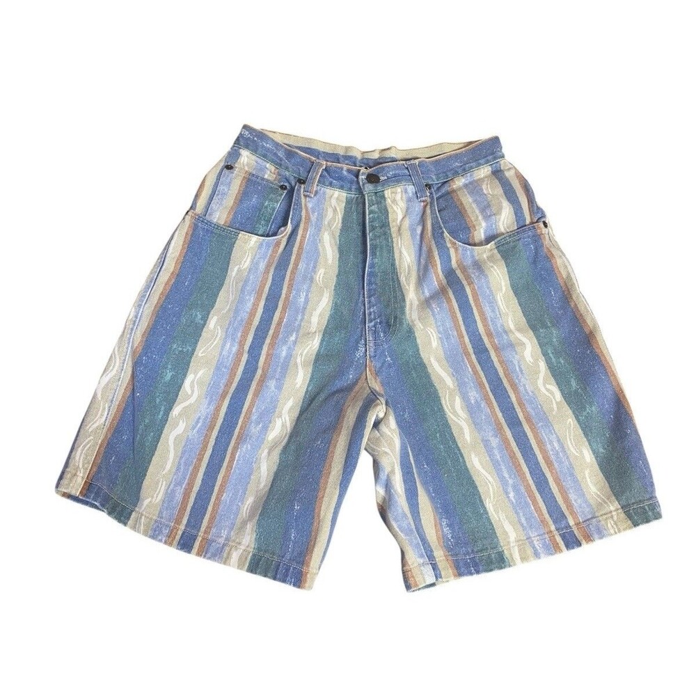 Vintage 1990s Red Rover Multi Stripe High Rise Jean Shorts Boho Retro Women Sz 9
